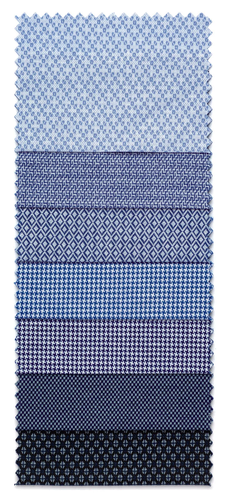 Blue patterned woven fabric swatches